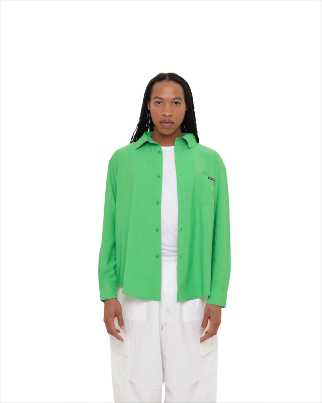 Male model front view wearing Vault Urban green Stay Fresh shirt – sustainable wrinkle-free men’s shirt