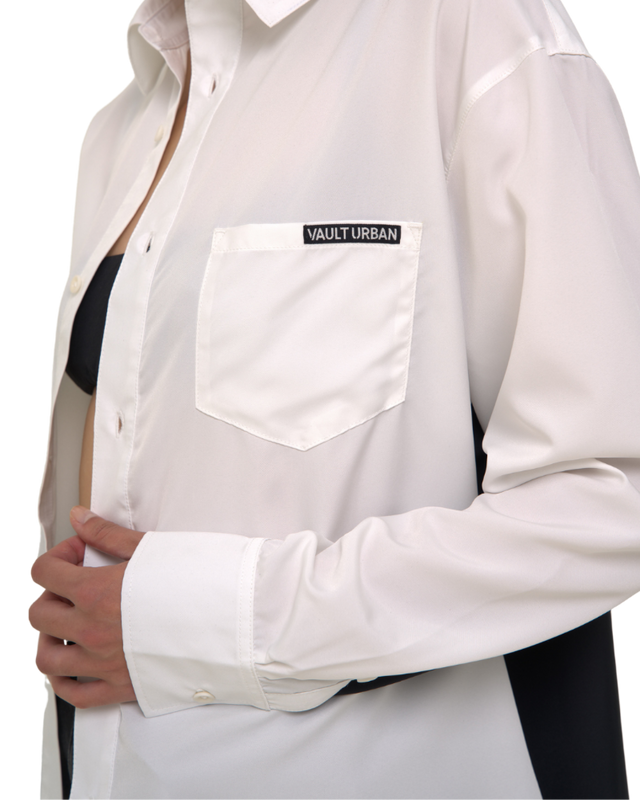 Closeup of chest pocket detail on Vault Urban monochrome Stay Fresh shirt – sustainable fabric