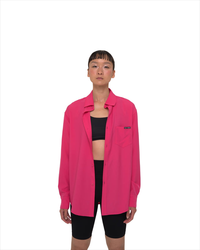 Female model front view wearing Vault Urban pink Stay Fresh shirt – sustainable wrinkle-resistant women’s shirt
