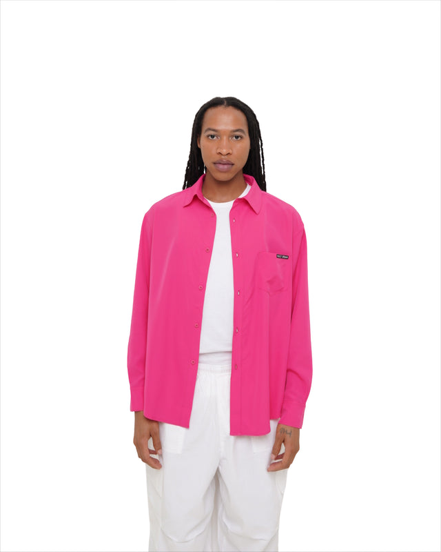 Male model front view wearing Vault Urban pink Stay Fresh shirt – sustainable wrinkle-free men’s workwear