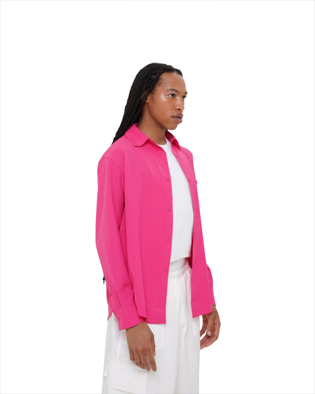 Male model side profile in Vault Urban pink Stay Fresh shirt – eco-friendly office wear