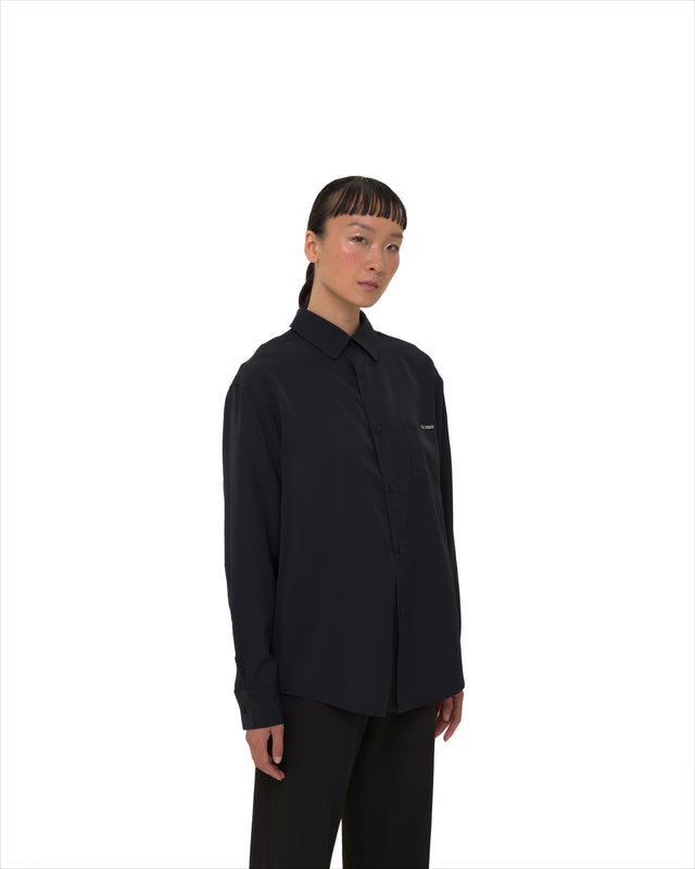 Black Stay-Fresh Wrinkle-Free Shirt by Vault Urban – angled female model shot