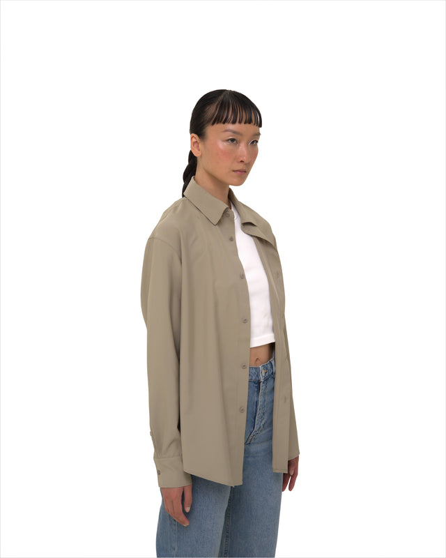 Side view of Vault Urban Stay-Fresh Wrinkle-Free Shirt in Taupe Female Fit