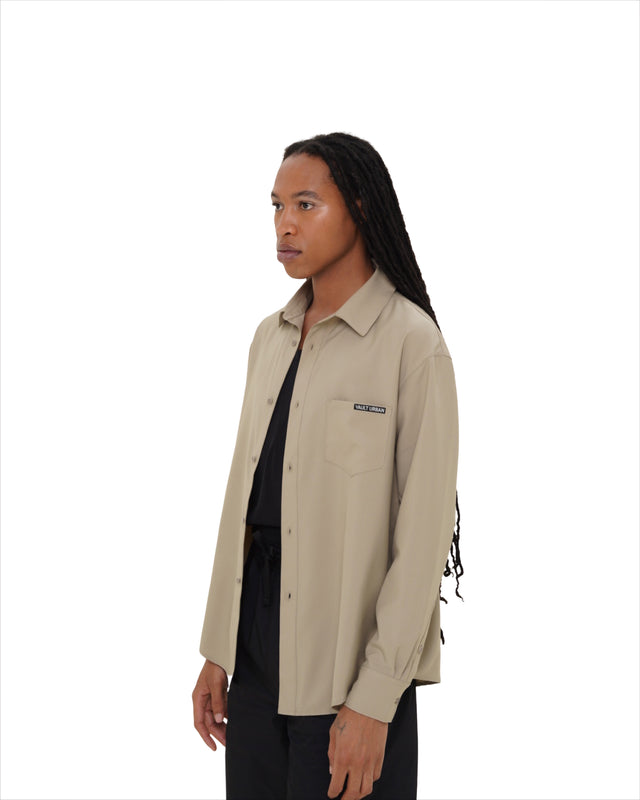 Taupe Stay-Fresh Wrinkle-Free Shirt by Vault Urban – angled male model shot