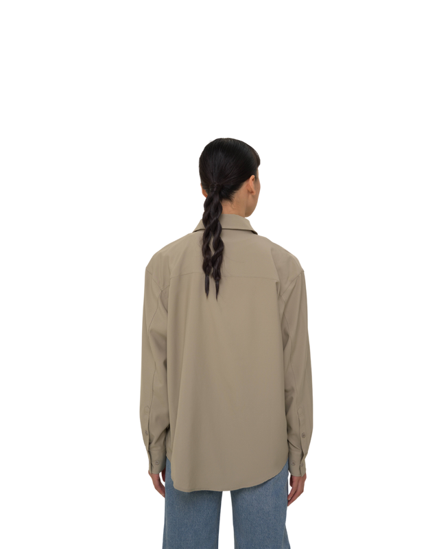 Back view of Vault Urban Stay-Fresh Wrinkle-Free Shirt in Taupe Female Fit