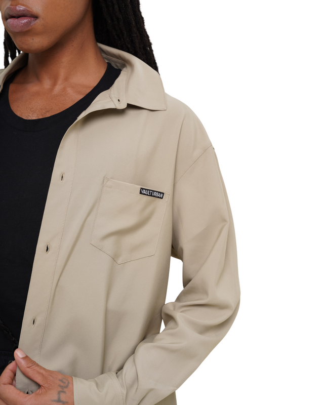 Close-up of Vault Urban logo on Stay-Fresh Wrinkle-Free Taupe Shirt pocket Male Fit
