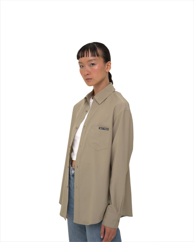 Taupe Stay-Fresh Wrinkle-Free Shirt by Vault Urban – angled female model shot