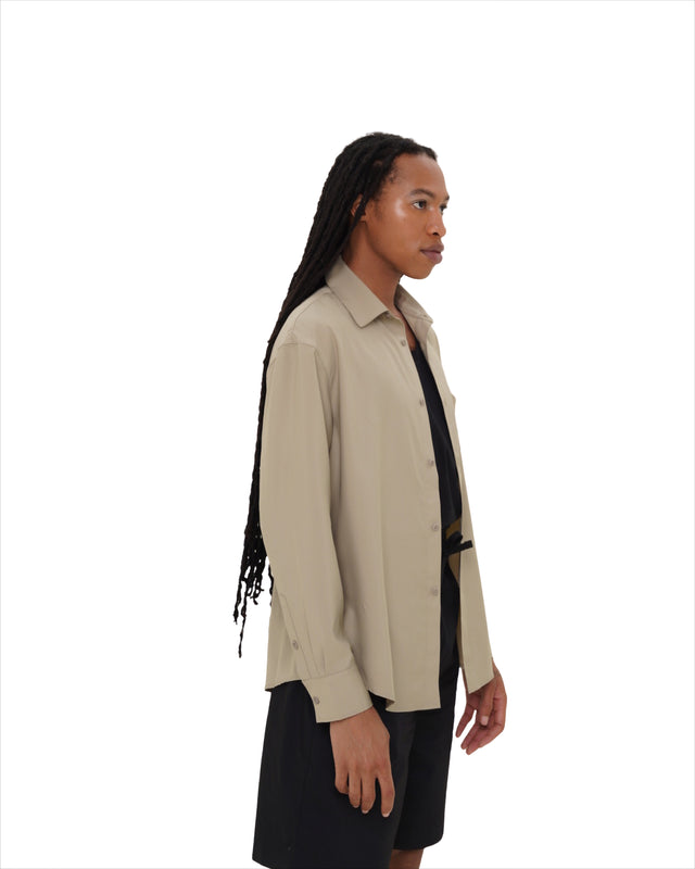 Side view of Vault Urban Stay-Fresh Wrinkle-Free Shirt in Taupe Male Fit